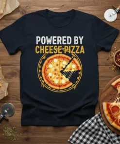 POWERED BY CHEESE PIZZA stylish graphic design printed on comfortable cotton t-shirt
