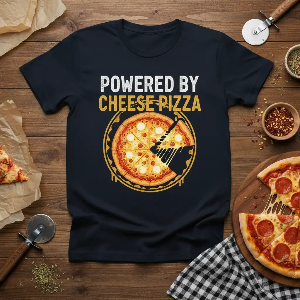 POWERED BY CHEESE PIZZA text and pizza graphic on a navy blue t-shirt design