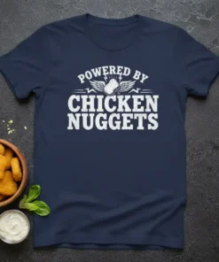 T-shirt with white distressed text "POWERED BY CHICKEN NUGGETS" and a graphic of wings and a nugget