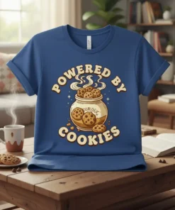 Powered By Cookies text with a cookie jar graphic on a blue t-shirt, suitable for bakers and cookie lovers