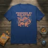 Powered By Goldfish neon graphic t-shirt design with circuit board pattern and small fish details