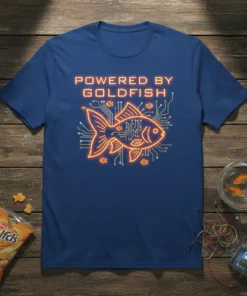 Powered By Goldfish neon graphic t-shirt design with circuit board pattern and small fish details