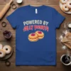 Powered By Jelly Donuts text with illustration of two jelly donuts on a blue t-shirt