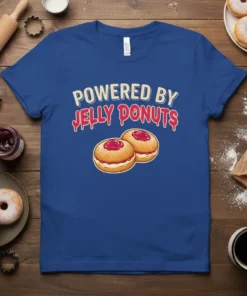 Powered By Jelly Donuts text with illustration of two jelly donuts on a blue t-shirt