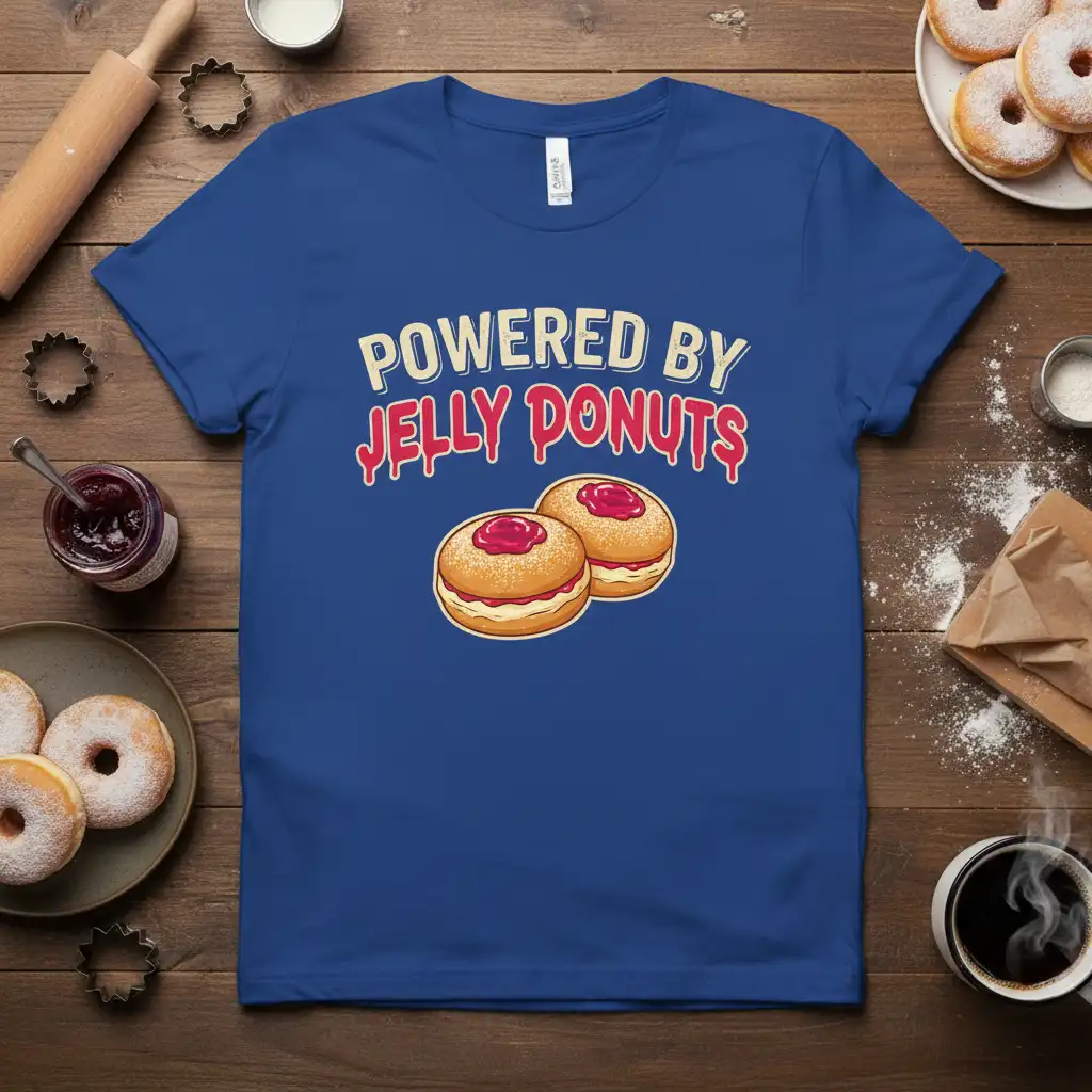 Powered By Jelly Donuts quote with illustration of two jelly donuts on a blue graphic tee
