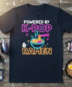 Graphic t-shirt design with neon text "POWERED BY K-POP & RAMEN" and a bowl of ramen illustration