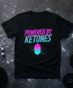 Powered by Ketones t-shirt with neon pink and blue text and a crystal graphic