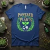 Powered By Plants t-shirt design with golden text, green leaves, and a globe graphic