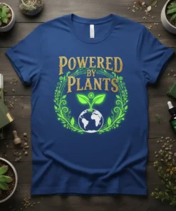 Powered By Plants t-shirt design with golden text, green leaves, and a globe graphic