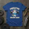 Powerlifting Unicorn Squad text on a blue t-shirt featuring a muscular unicorn lifting weights