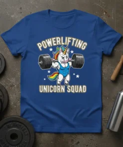 Powerlifting Unicorn Squad text on a blue t-shirt featuring a muscular unicorn lifting weights