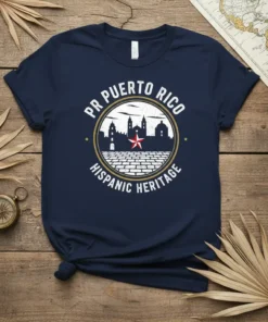 PR Puerto Rico Hispanic Heritage t-shirt design featuring skyline and red star graphic