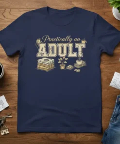 Practically an ADULT quote t-shirt with cartoon illustrations of stacked items, a plant, and coffee