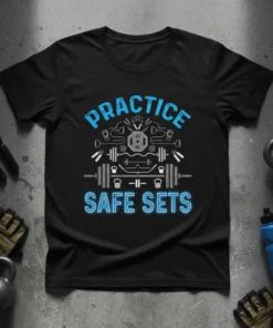 Black t-shirt with blue text "PRACTICE SAFE SETS" and graphics of gym equipment like barbells, dumbbells, and kettlebells