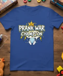 Prank War Champion text with a crown and hands holding a bubble, on a blue t-shirt