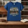 Christian t-shirt with "pray like a girl" quote, featuring a circle of nuns with halos and floral accents, two doves