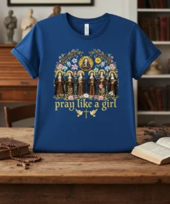 Christian t-shirt with "pray like a girl" quote, featuring a circle of nuns with halos and floral accents, two doves