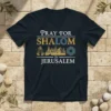 Pray for Shalom in Jerusalem t-shirt design with praying hands, Jerusalem skyline, and Star of David graphic