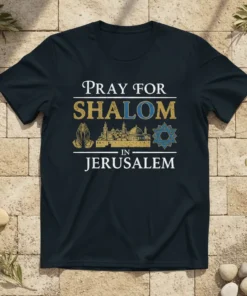 Pray for Shalom in Jerusalem t-shirt design with praying hands, Jerusalem skyline, and Star of David graphic