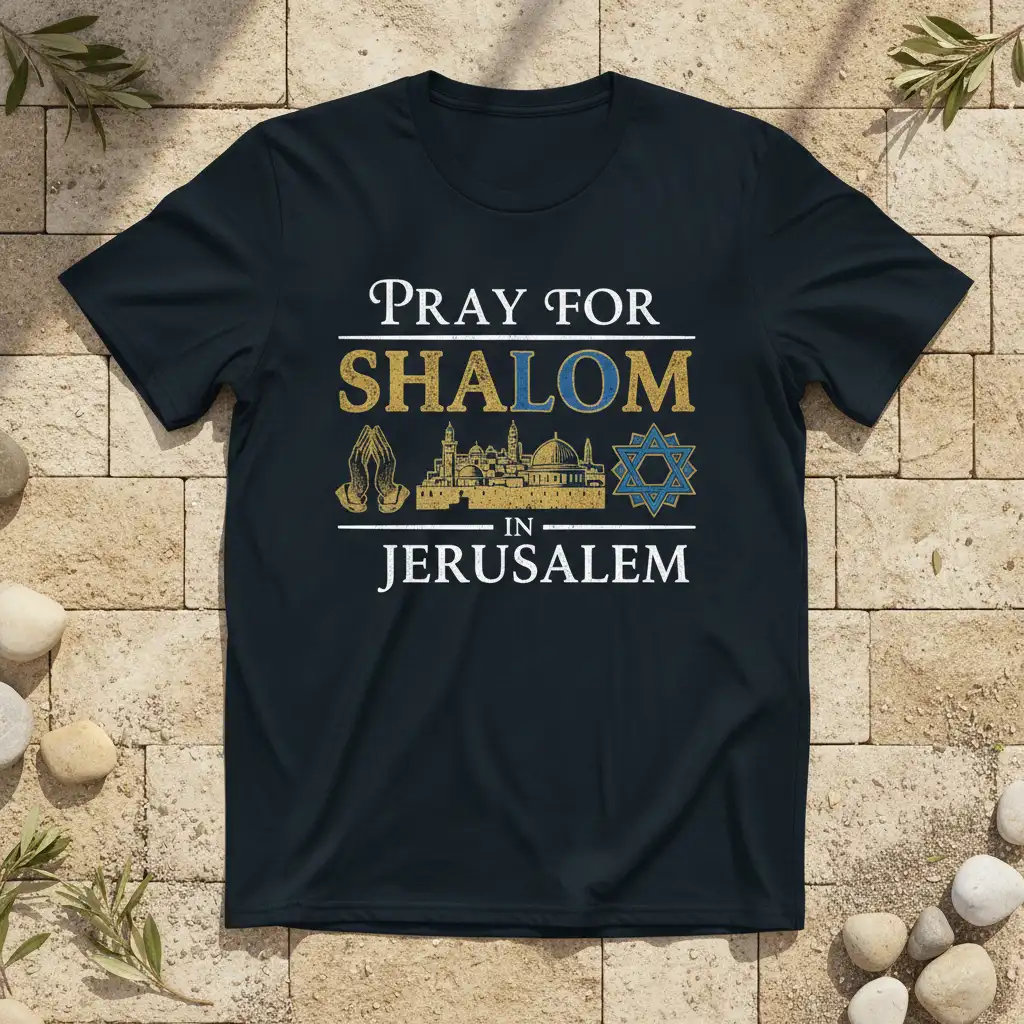 Pray for Shalom in Jerusalem graphic tee featuring religious symbols and city skyline