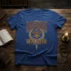 Blue t-shirt with "PRAYER WARRIOR WARRIOR" text, a sword, and wings graphic