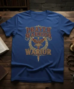 Blue t-shirt with "PRAYER WARRIOR WARRIOR" text, a sword, and wings graphic