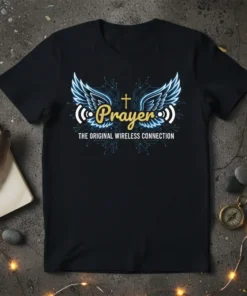 Black t-shirt with "Prayer The Original Wireless Connection" text, featuring wings and wifi symbols, on a circuit board design