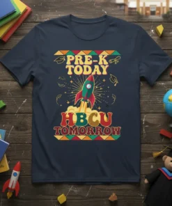 Pre-K Today HBCU Tomorrow t-shirt with a retro design, featuring a rocket launching and graduation caps