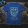 Predrcon neon eagle logo t-shirt with futuristic cybernetic design in electric blue and white