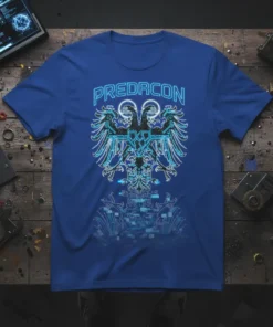 Predrcon neon eagle logo t-shirt with futuristic cybernetic design in electric blue and white