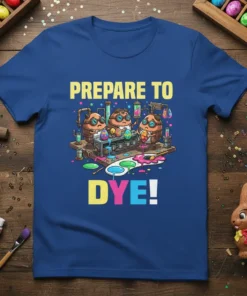 PREPARE TO DYE! text with cartoon characters dyeing Easter eggs, set against a blue t-shirt