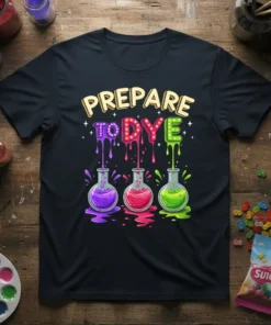 Prepare To Dye t-shirt design featuring colorful dripping letters and laboratory beakers filled with vibrant dyes