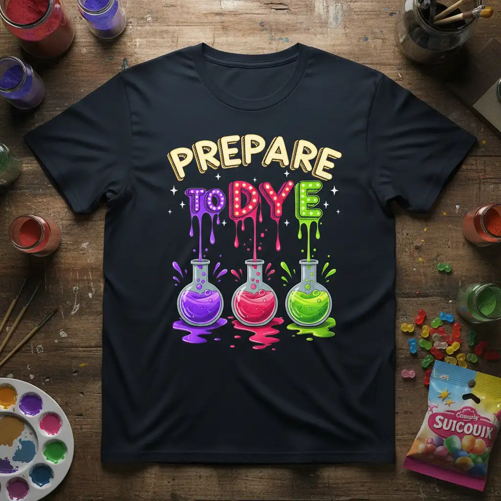 Prepare To Dye text design with dripping colorful letters and science beakers filled with dye
