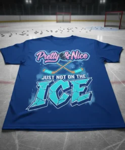 Pretty & Nice JUST NOT ON THE ICE hockey t-shirt with crossed hockey sticks and puck graphic