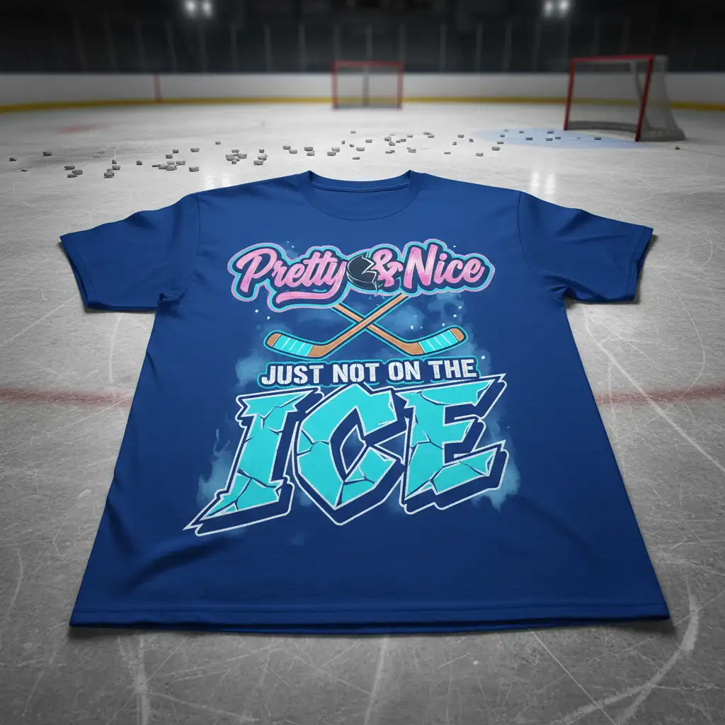 Pretty & Nice JUST NOT ON THE ICE hockey quote on a blue t-shirt with crossed sticks and puck