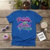 Pretty and Petty slogan t-shirt design with purple and teal splatter graphics