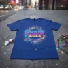 PRIDE 2022 text in neon font with a circular circuit design on a blue t-shirt, celebrating LGBTQ+ pride