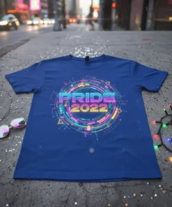 PRIDE 2022 text in neon font with a circular circuit design on a blue t-shirt, celebrating LGBTQ+ pride