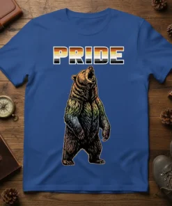 Pride Bear T-Shirt with rainbow fur and bold PRIDE text, LGBTQ+ bear graphic apparel
