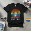 Chihuahua wearing sunglasses with "PRIDE Love is love" text on a black t-shirt with rainbow mandala