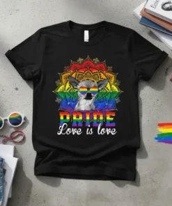 Chihuahua wearing sunglasses with "PRIDE Love is love" text on a black t-shirt with rainbow mandala