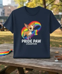 Chihuahua dog wearing a rainbow ribbon with text PRIDE PAW CHAMPION on a navy t-shirt