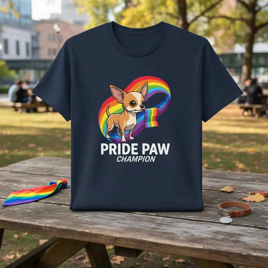 Chihuahua dog with rainbow ribbon and PRIDE PAW CHAMPION text on a navy t-shirt