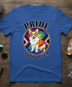 Pride Supporter Corgi T-Shirt with rainbow background and sunglasses-wearing corgi