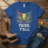 Pride, Y'all t-shirt with a rainbow bull skull graphic and distressed lettering