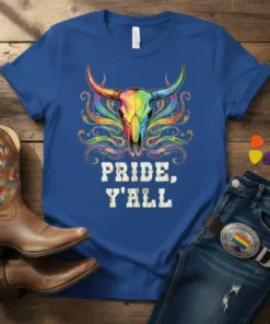 Pride, Y'all t-shirt with a rainbow bull skull graphic and distressed lettering