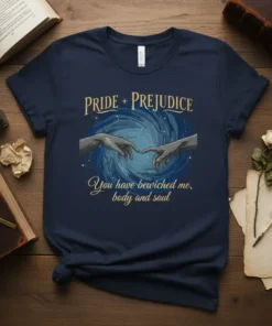 Pride and Prejudice "You have bewitched me, body and soul" quote t-shirt with hands reaching out, inspired by The Creation