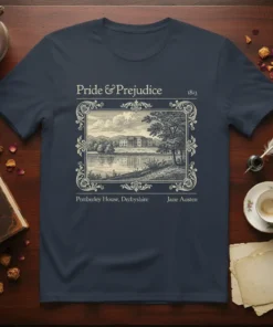 Pride and Prejudice Penberley House Derbyshire Jane Austen t-shirt design featuring an 1813 illustration of the estate