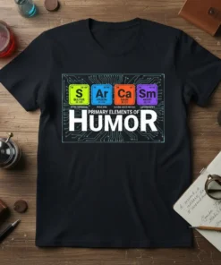 Primary Elements of Humor science chemistry t-shirt design featuring periodic table elements S Ar Ca Sm and circuit board graphic