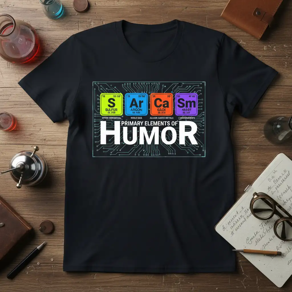Primary Elements of Humor tee with periodic table symbols S Ar Ca Sm and circuit board graphic